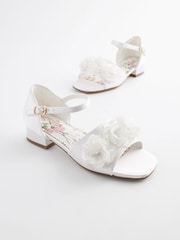 White Ivory Satin Bridesmaid Corsage Heel Sandals - Image 1 of 6