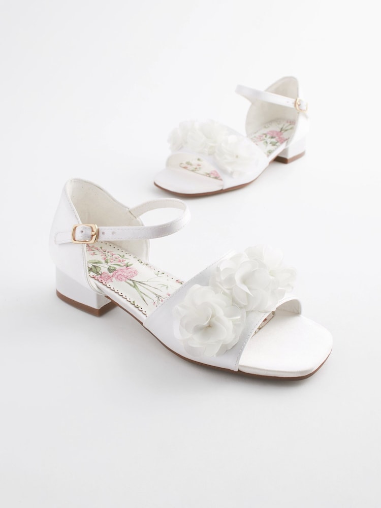 White Ivory Satin Bridesmaid Corsage Heel Sandals - Image 1 of 6