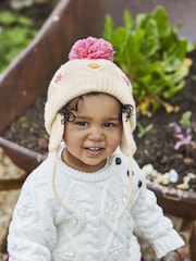 JoJo Maman Bébé Cream Floral Floral Embroidered Cable Hat - Image 2 of 4