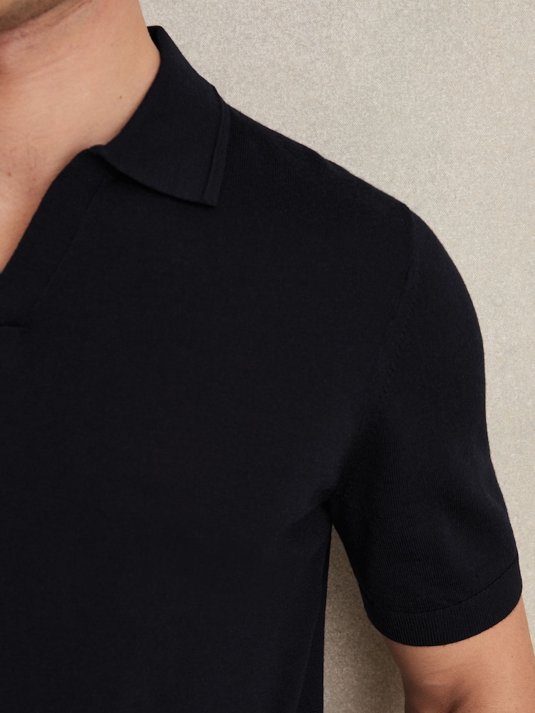 Reiss Navy Duchie Merino Wool Open Collar Polo Shirt - Image 4 of 7