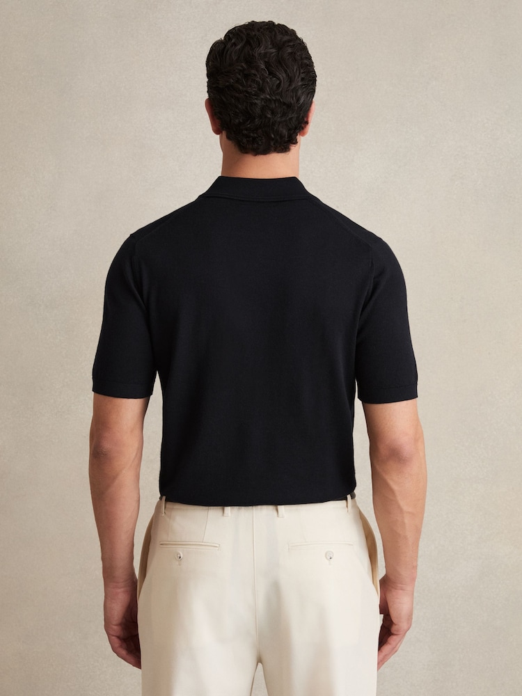 Reiss Navy Duchie Merino Wool Open Collar Polo Shirt - Image 5 of 7