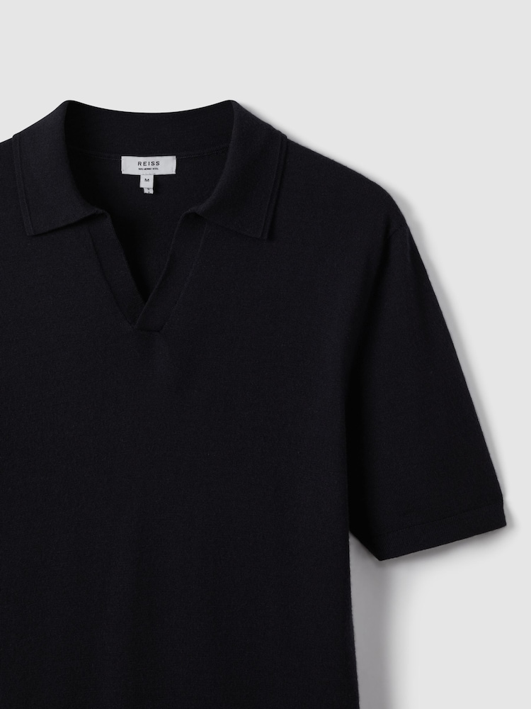 Reiss Navy Duchie Merino Wool Open Collar Polo Shirt - Image 6 of 7