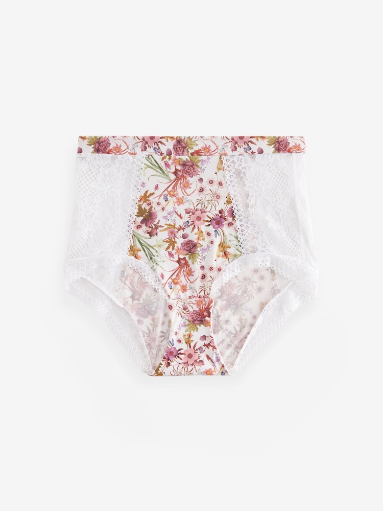 White High Rise Botanical Floral Print Microfibre And Lace Knickers - Image 5 of 5