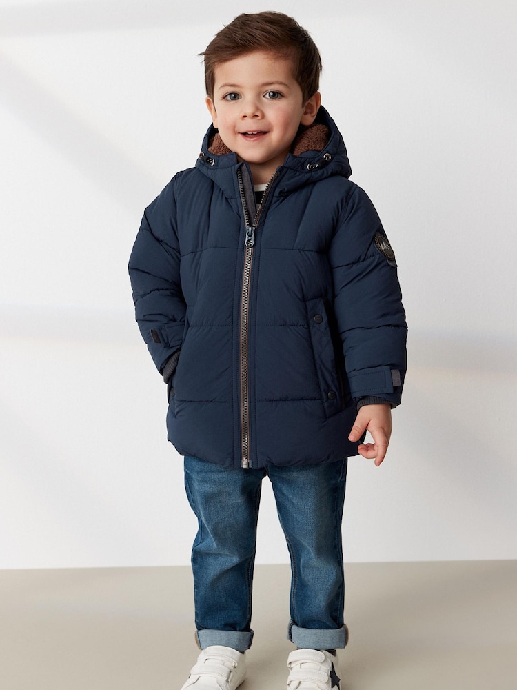 Navy Blue Borg Teddy Lined Padded Coat (3mths-7yrs) - Image 1 of 1