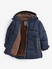 Navy Blue Borg Teddy Lined Padded Coat (3mths-7yrs) - Image 8 of 9
