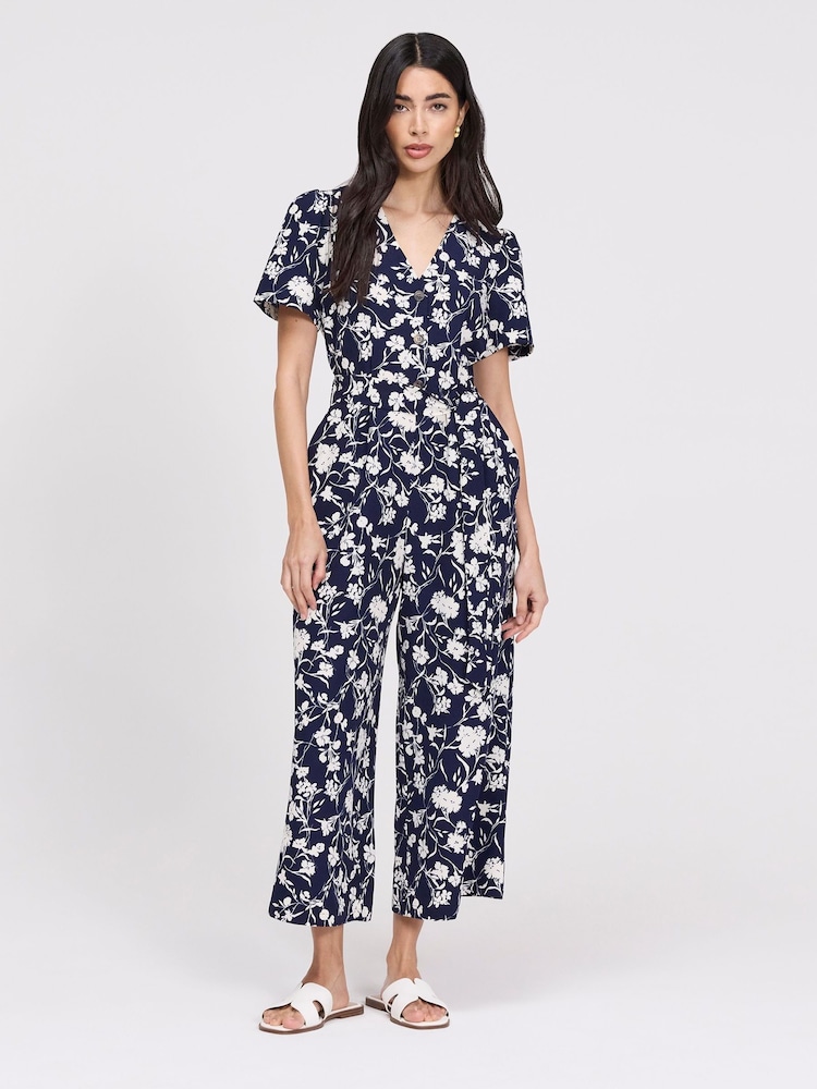 Finery Blue Floral Uma Cropped Wide Leg Jumpsuit - Image 1 of 4 Finery Blue Floral Uma Cropped Wide Leg Jumpsuit - Image 1 of 4