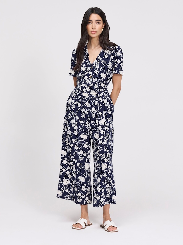 Finery Blue Floral Uma Cropped Wide Leg Jumpsuit - Image 2 of 4 Finery Blue Floral Uma Cropped Wide Leg Jumpsuit - Image 2 of 4