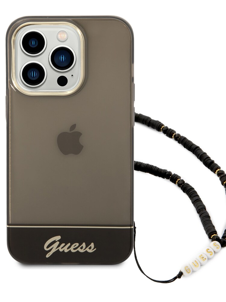 Guess iPhone Pc/Tpu Iml Double Layer Electroplated Camera Outline Translucent 14 Pro Black Case with Strap - Image 1 of 4