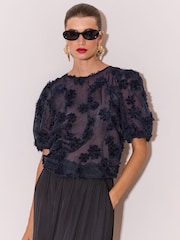 Lipsy Navy Blue 3D Floral Textured T-Shirt - Image 1 of 5
