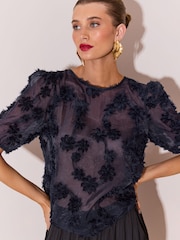 Lipsy Navy Blue 3D Floral Textured T-Shirt - Image 3 of 5