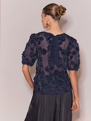 Lipsy Navy Blue 3D Floral Textured T-Shirt - Image 5 of 5