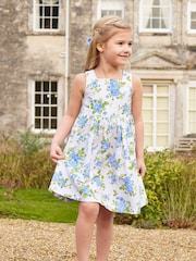 Trotters London Blue 100% Cotton Cornflower Adelina Vintage Rose Cross Back Dress - Image 1 of 5