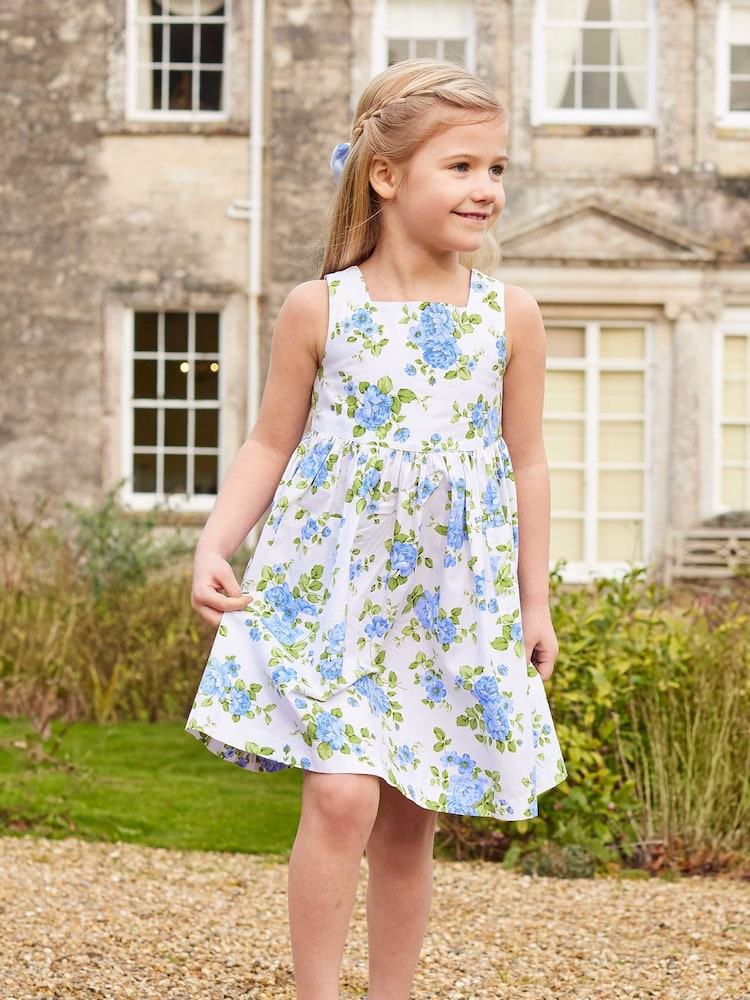 Trotters London Blue 100% Cotton Cornflower Adelina Vintage Rose Cross Back Dress - Image 1 of 5