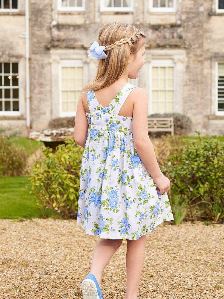 Trotters London Blue 100% Cotton Cornflower Adelina Vintage Rose Cross Back Dress - Image 2 of 5