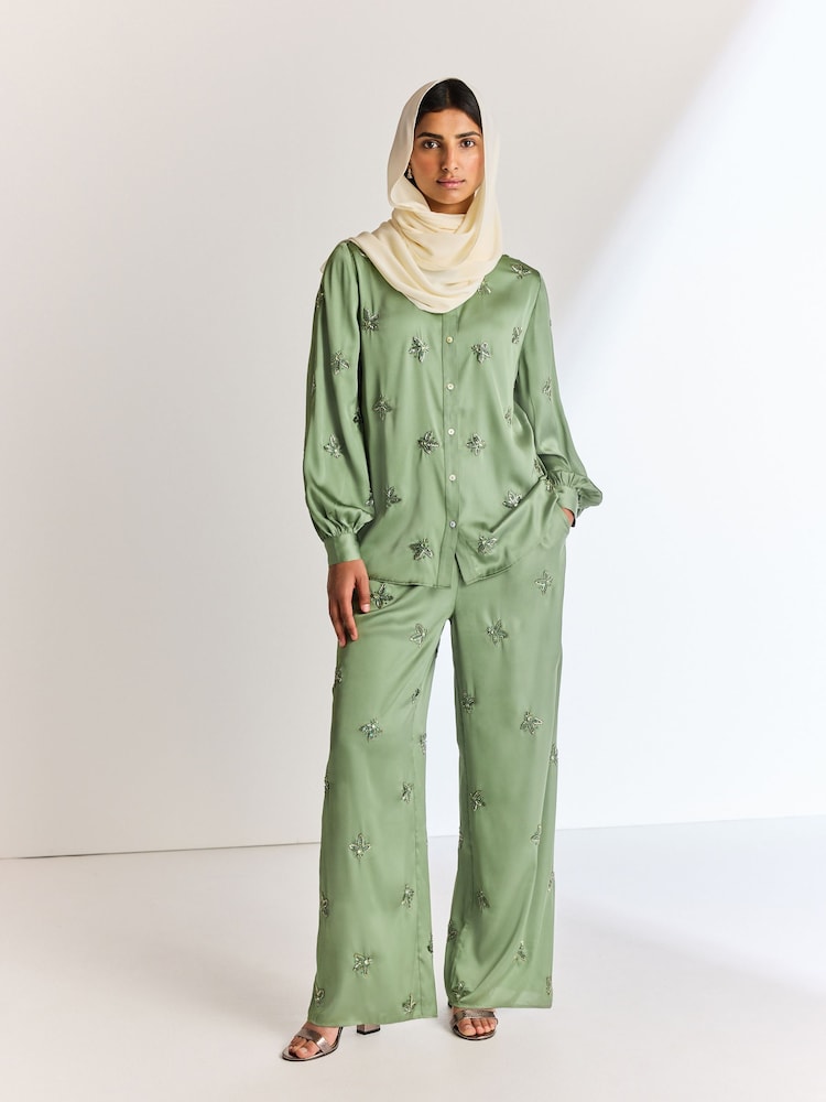 Green Embellished Wide Leg Occasion Trousers - Image 1 of 7