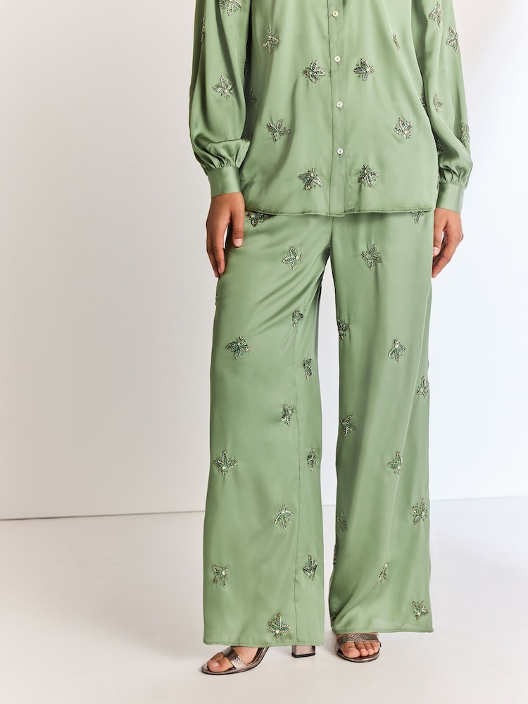 Green Embellished Wide Leg Occasion Trousers - Image 2 of 7