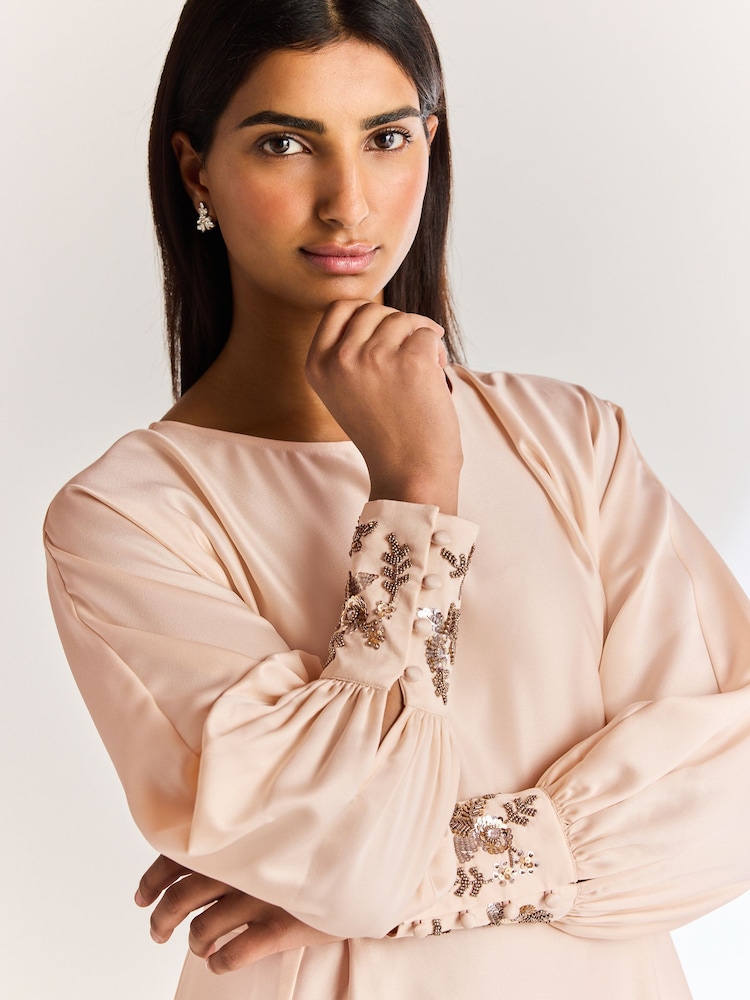 Pink Embellished Cuff Long Sleeve Occasion Maxi Dress - Image 4 of 6