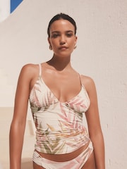 Ecru Cream Leaf Shirred Tummy Control Tankini Top - Image 4 of 6
