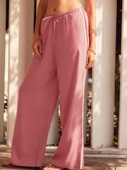 Pink Crochet Tie Waist Wide Leg Trousers with Linen - Image 2 of 4