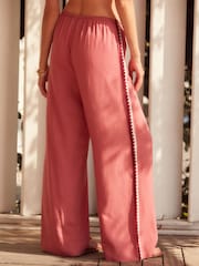 Pink Crochet Tie Waist Wide Leg Trousers with Linen - Image 3 of 4