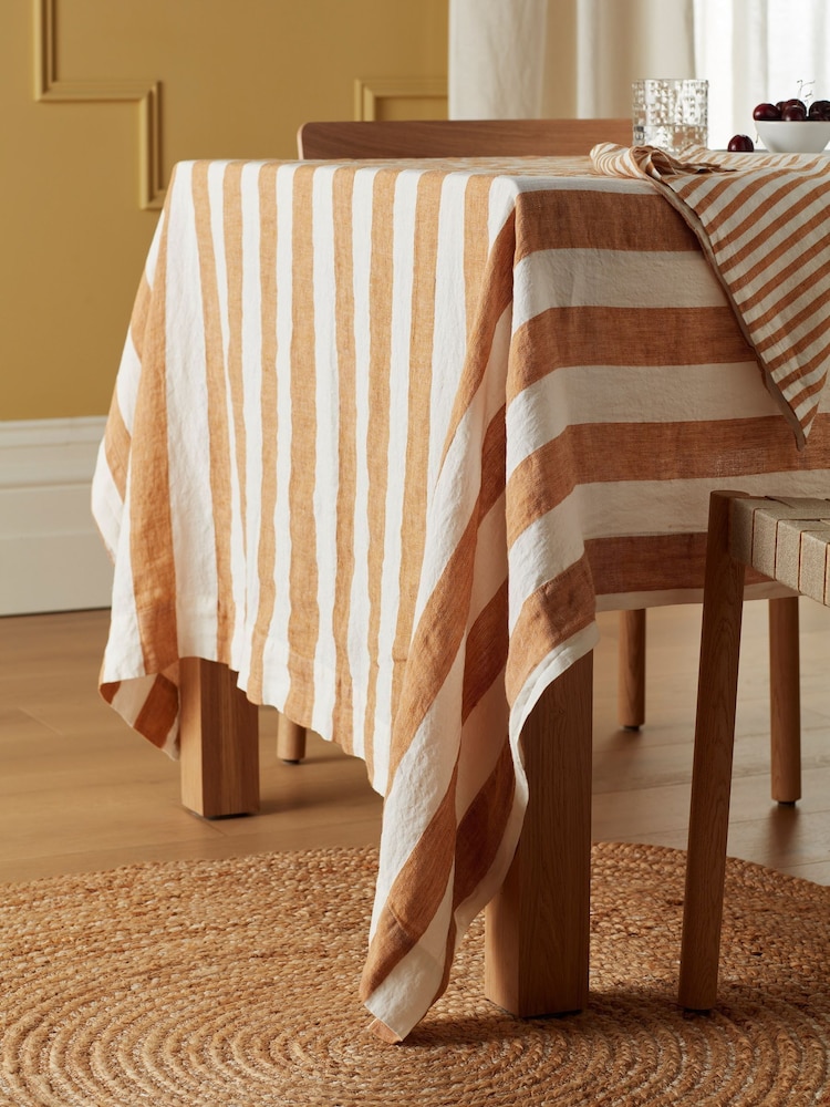Secret Linen Store Orange Cora Stripe 100% Linen Tablecloth - Image 1 of 3 Secret Linen Store Orange Cora Stripe 100% Linen Tablecloth - Image 1 of 3