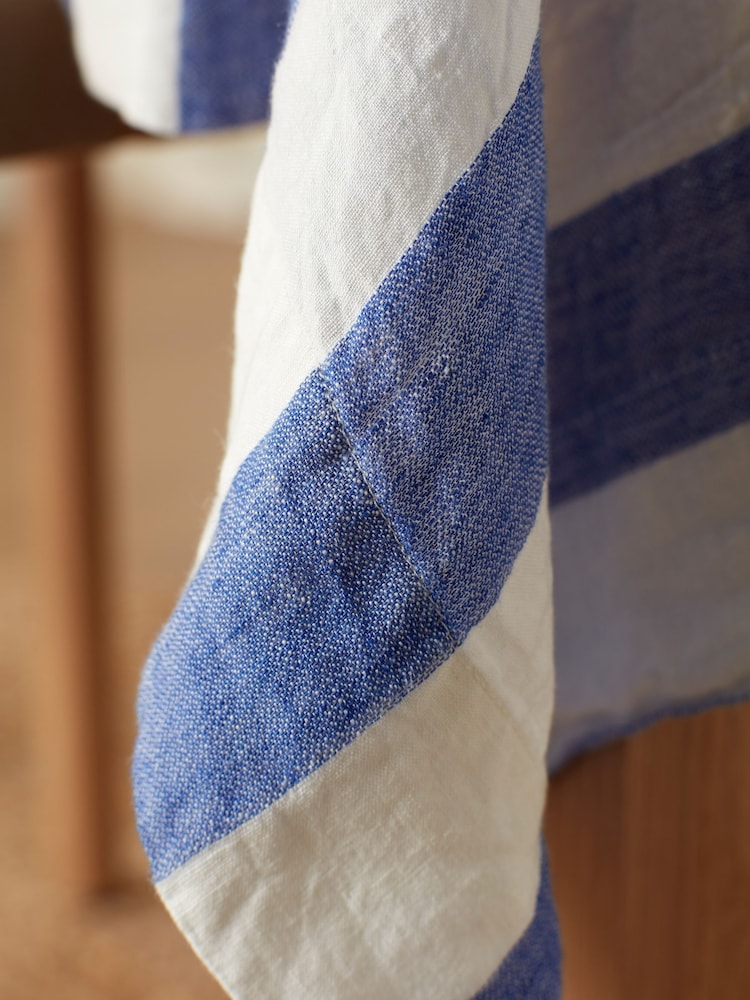Secret Linen Store Blue Cora Stripe Linen Tablecloth - Image 2 of 4 Secret Linen Store Blue Cora Stripe Linen Tablecloth - Image 2 of 4