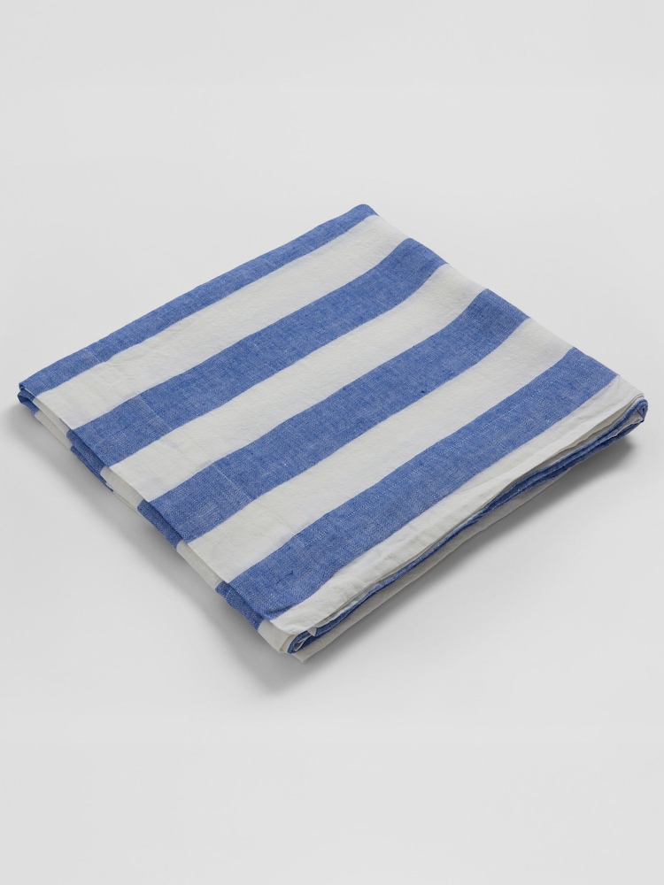 Secret Linen Store Blue Cora Stripe Linen Tablecloth - Image 4 of 4 Secret Linen Store Blue Cora Stripe Linen Tablecloth - Image 4 of 4