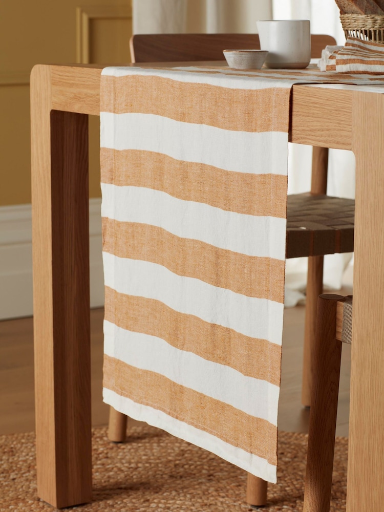 Secret Linen Store Orange Cora Stripe 100% Linen Table Runner - Image 1 of 4