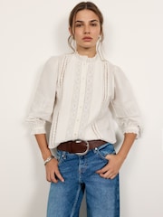 Long Sleeve 100% Cotton Lace Insert Blouse - 5的图像1｝