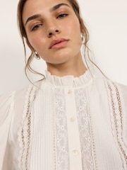 Long Sleeve 100% Cotton Lace Insert Blouse - 5的图像2｝
