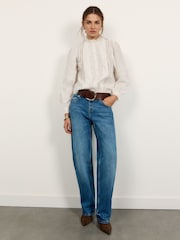 Long Sleeve 100% Cotton Lace Insert Blouse - 5的图像3｝