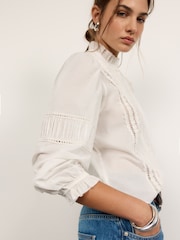 Long Sleeve 100% Cotton Lace Insert Blouse - 5的图像4｝