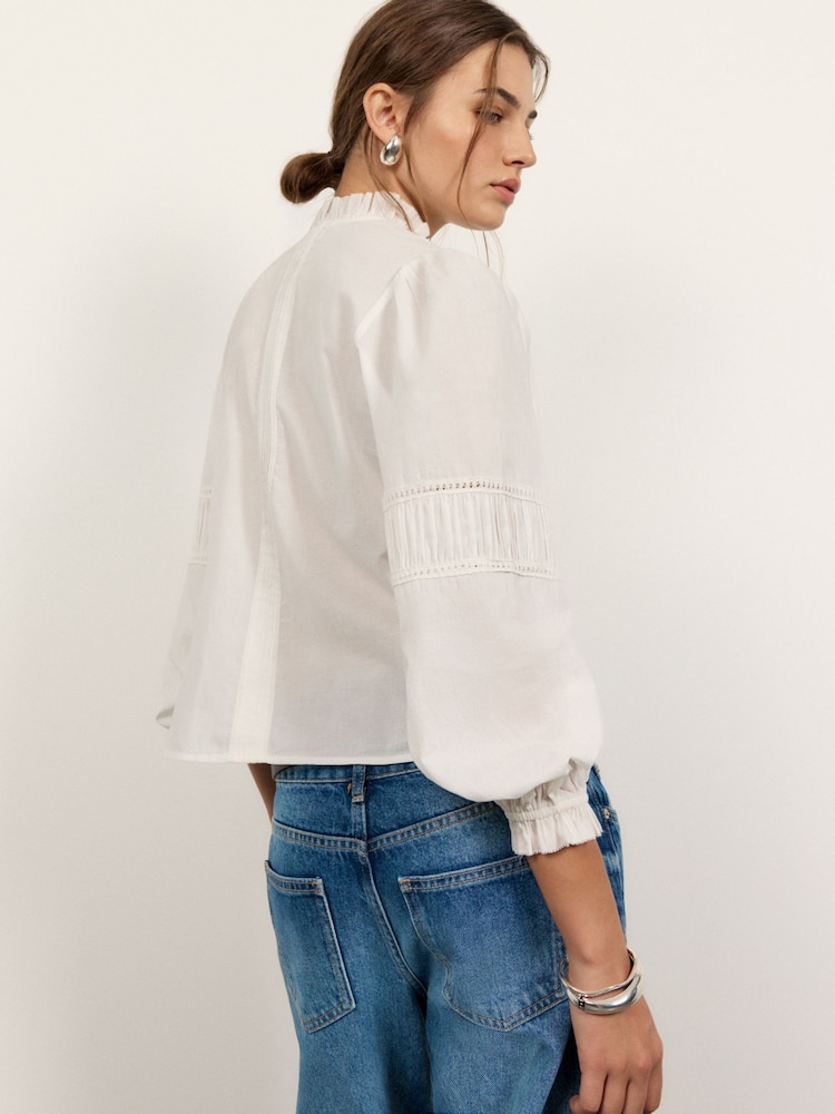 Long Sleeve 100% Cotton Lace Insert Blouse - 5的图像5｝