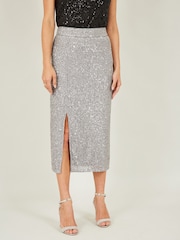 Yumi Silver Sequin Fitted Skirt With Front Slit - Image 1 of 5