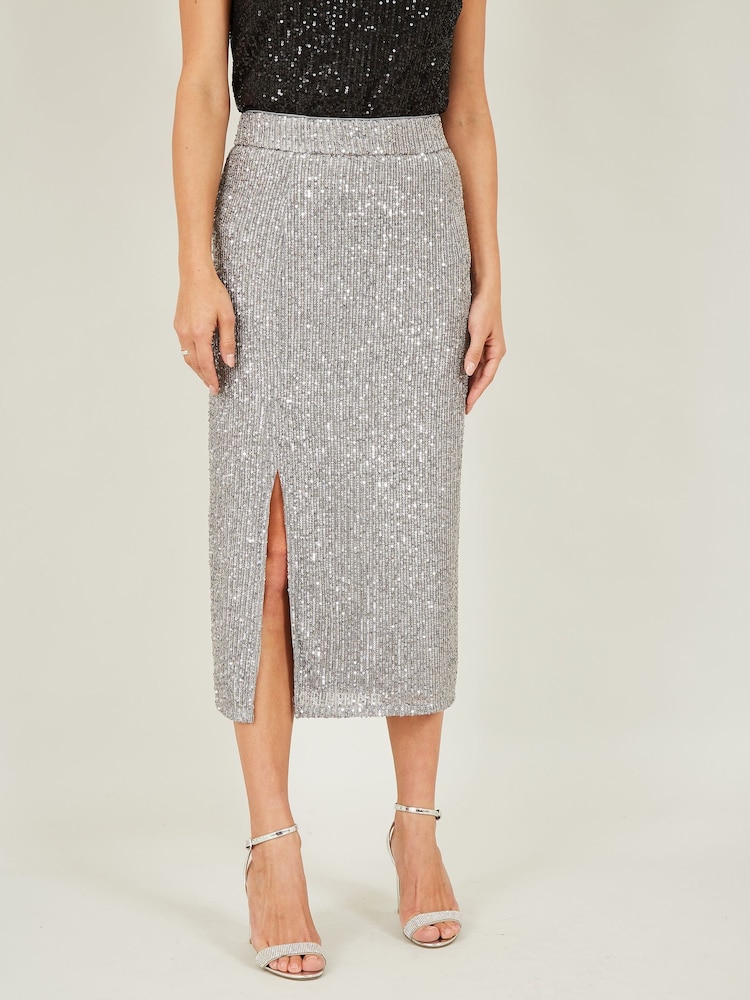 Yumi Silver Sequin Fitted Skirt With Front Slit - Image 1 of 5