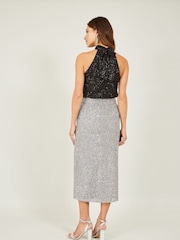 Yumi Silver Sequin Fitted Skirt With Front Slit - Image 2 of 5