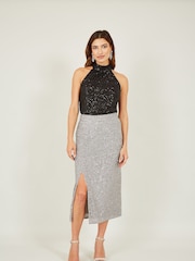 Yumi Silver Sequin Fitted Skirt With Front Slit - Image 3 of 5