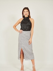 Yumi Silver Sequin Fitted Skirt With Front Slit - Image 4 of 5