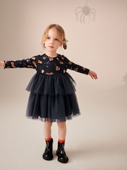 Charcoal Grey Halloween Printed Long Sleeve Party Dress (3mths-7yrs) - Image 1 of 6