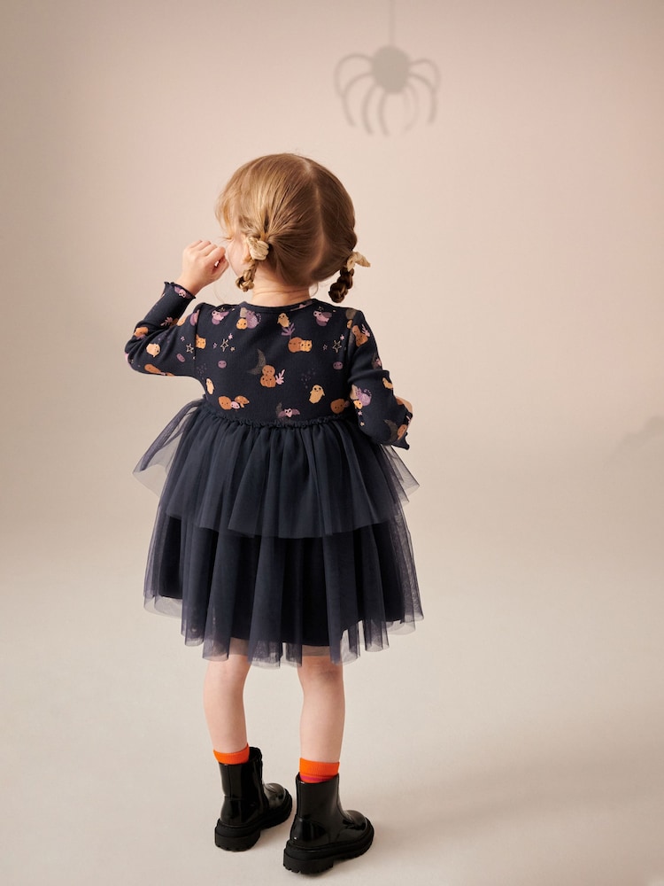 Charcoal Grey Halloween Printed Long Sleeve Party Dress (3mths-7yrs) - Image 2 of 6