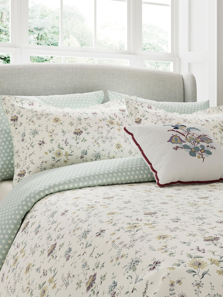 V&A Duck Egg Flora Cotton Duvet Cover & Pillowcase Set - Image 1 of 4