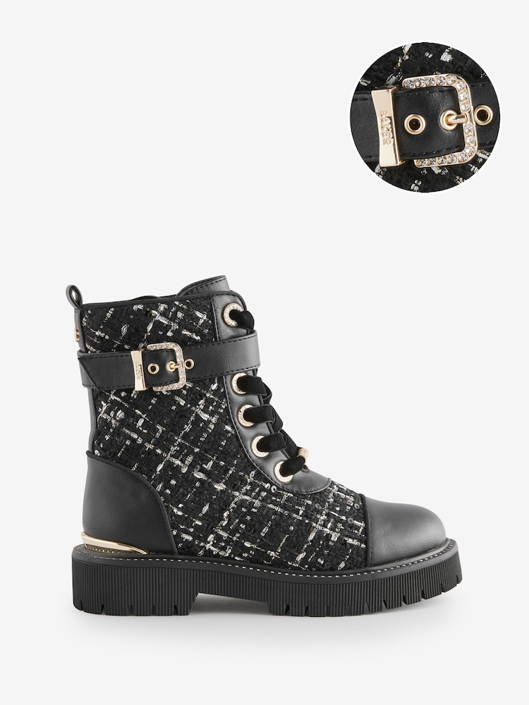 Baker by Ted Baker Girls Boucle Lace Up Black  Boots - Image 1 of 5