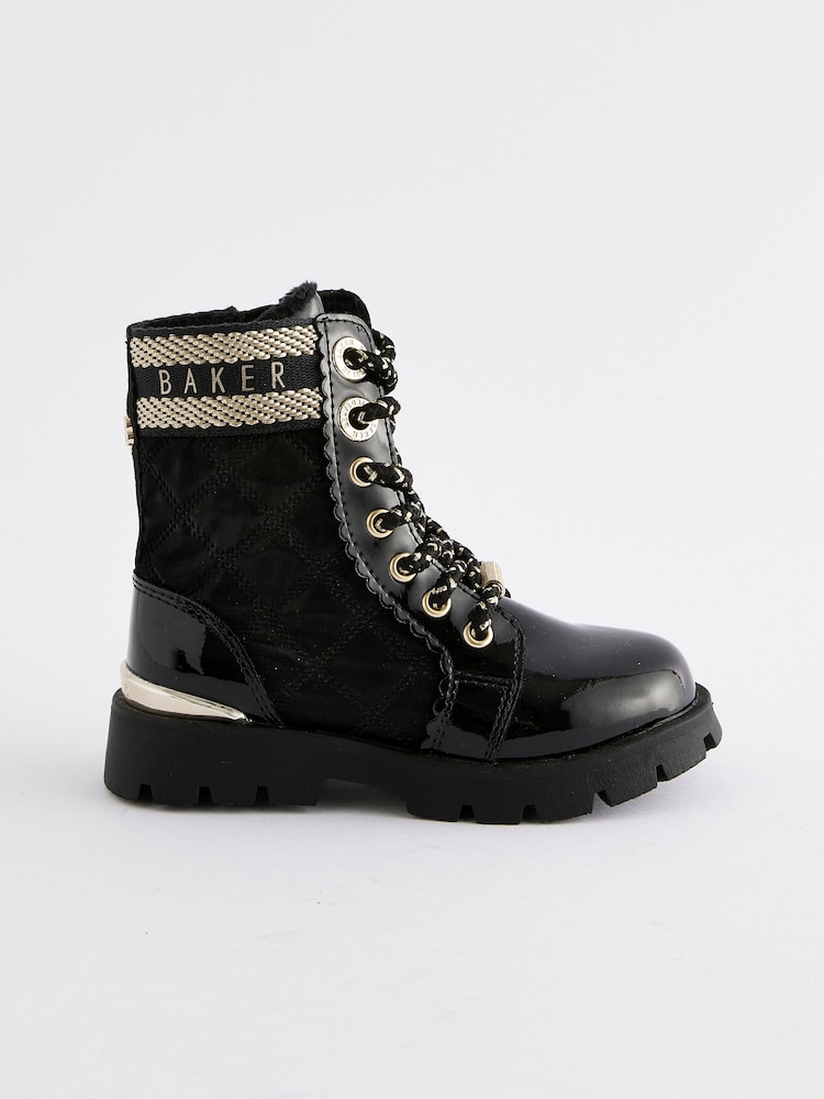 Baker by Ted Baker Girls Quilted Lace Up Black Boots with Gold Trims - Image 1 of 5