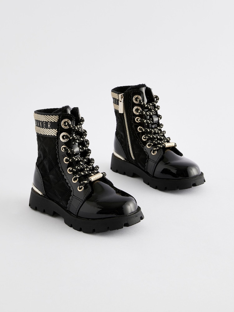 Baker by Ted Baker Girls Quilted Lace Up Black Boots with Gold Trims - Image 2 of 5