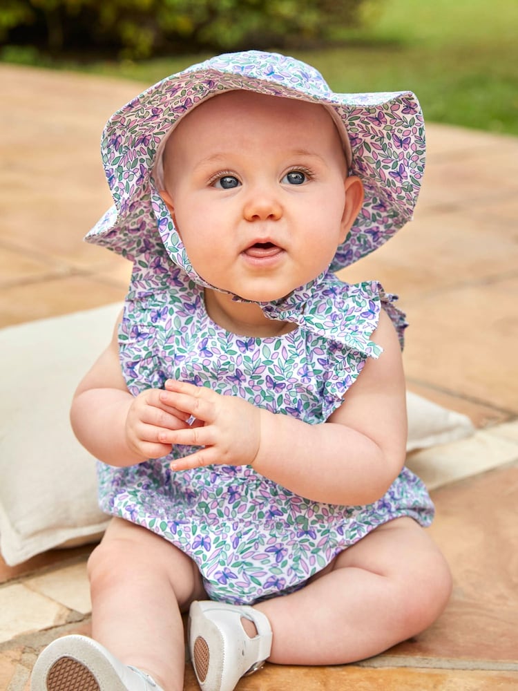JoJo Maman Bébé Lilac 2-Piece Butterfly Bloom Print Bubble Romper & Floppy Hat Set - Image 2 of 6