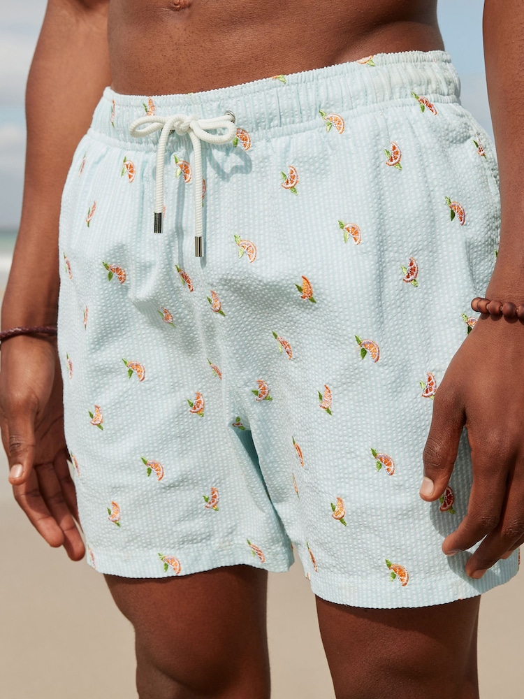 Orange Embroidery Blue Stripe Premium Swim Shorts - Image 1 of 12 Orange Embroidery Blue Stripe Premium Swim Shorts - Image 1 of 12
