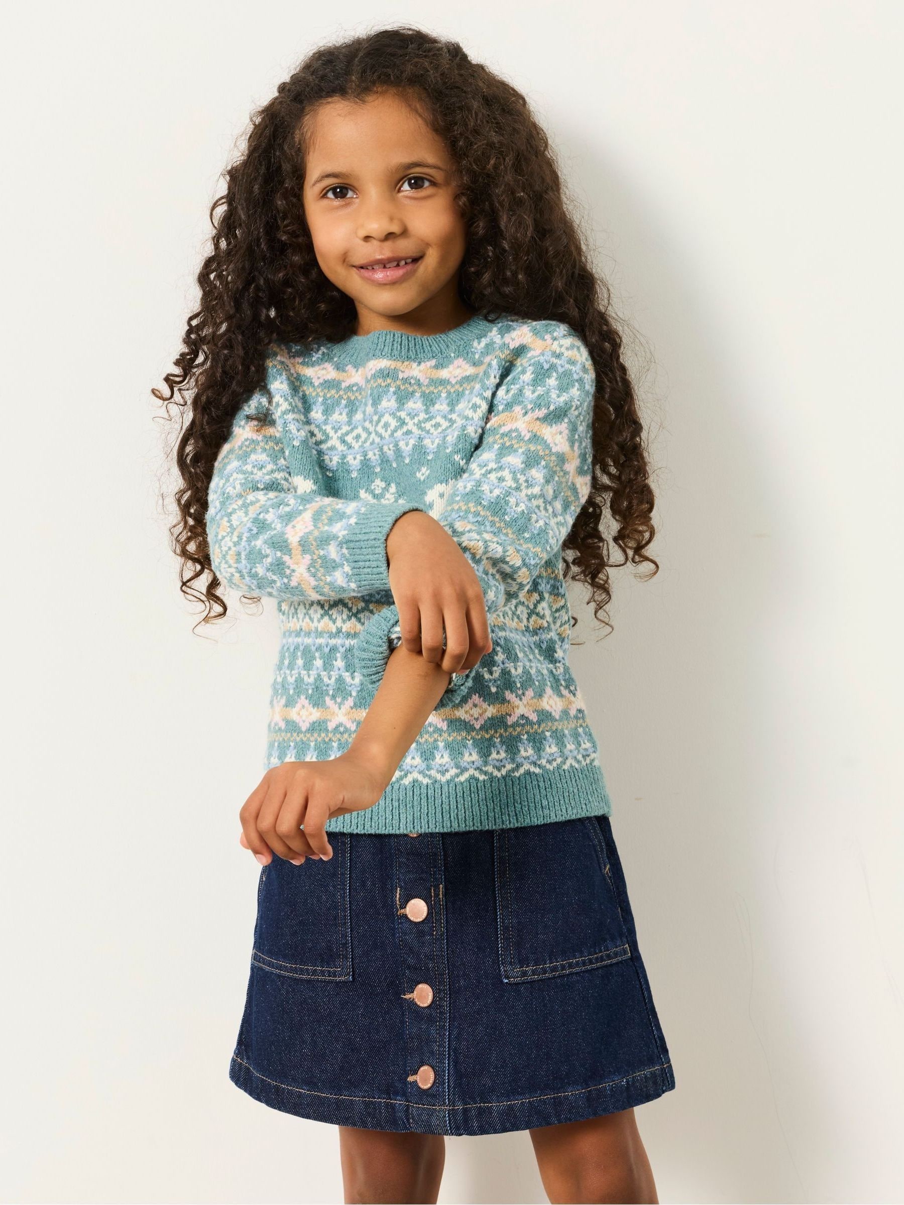 Fat Face Women's Teal Blue Fatface Mini Me Reindeer Knitted Crew Neck Jumper