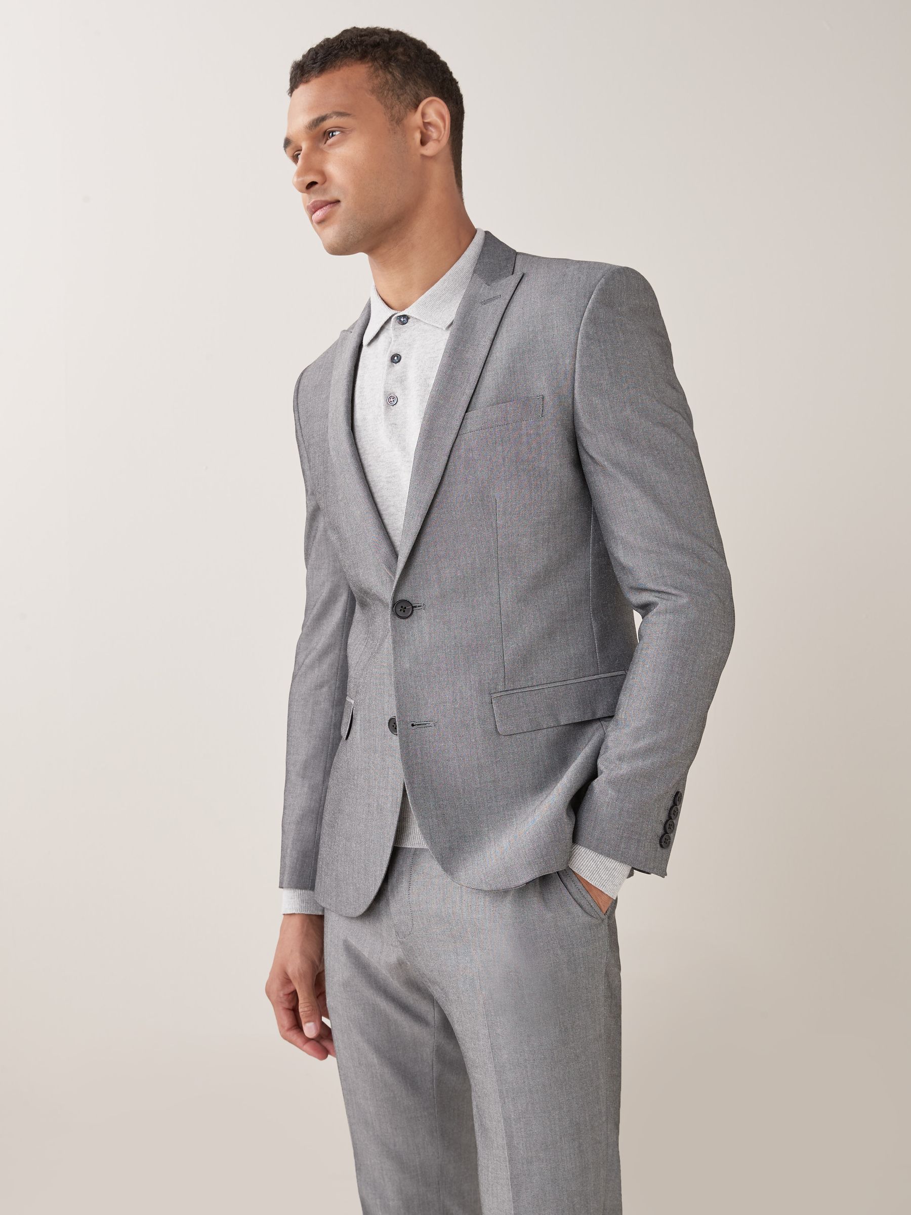 Light Grey Skinny Fit Two Button Suit Jacket