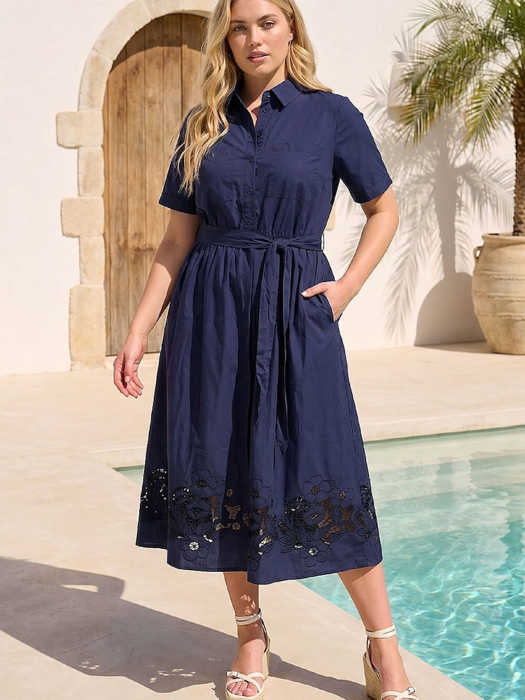 Roman Blue Curve Poplin Floral Shirt Dress - Image 1 of 4