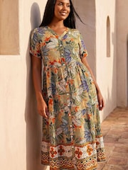 Roman Green Curve Leaf Print Button Maxi Dress - Image 1 of 4